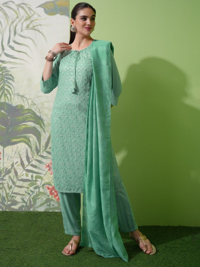 Vishudh Women Green Embroidered Kurta With Trouser And Dupatta - Green - Image 1