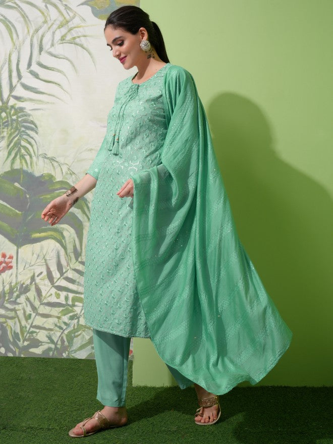 Vishudh Women Green Embroidered Kurta With Trouser And Dupatta - Green - Image 2