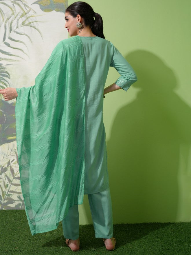 Vishudh Women Green Embroidered Kurta With Trouser And Dupatta - Green - Image 3