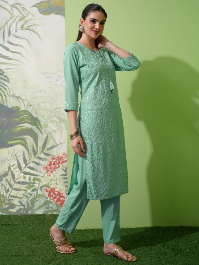 Vishudh Women Green Embroidered Kurta With Trouser And Dupatta - Green - Image 4