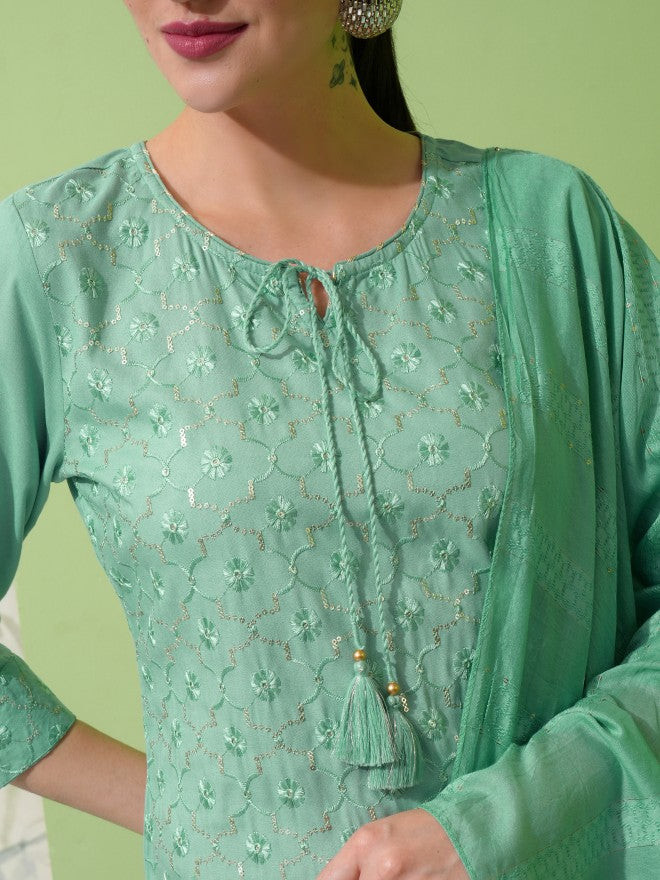 Vishudh Women Green Embroidered Kurta With Trouser And Dupatta - Green - Image 5