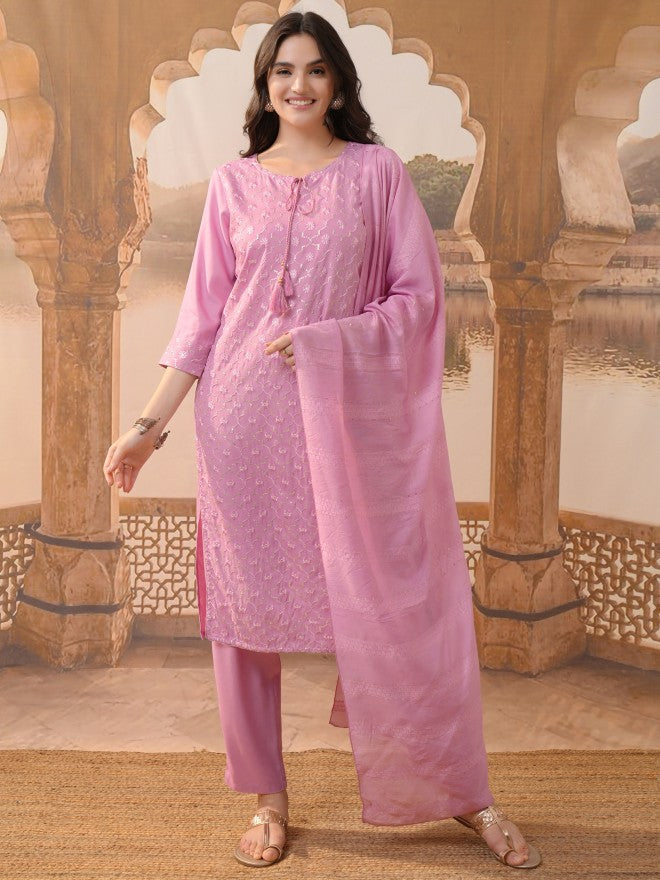 Vishudh Women Pink Embroidered Kurta With Trousers & Dupatta - Pink - Image 1