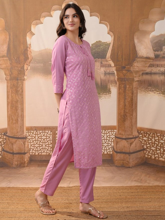 Vishudh Women Pink Embroidered Kurta With Trousers & Dupatta - Pink - Image 4