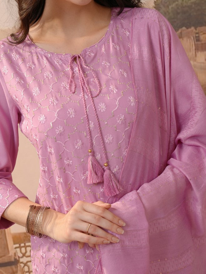 Vishudh Women Pink Embroidered Kurta With Trousers & Dupatta - Pink - Image 5