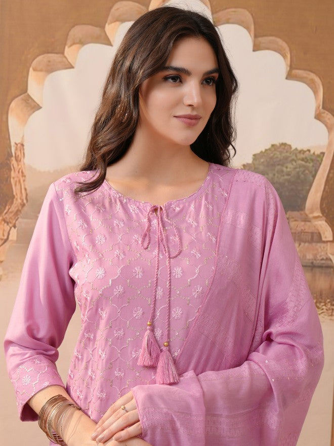 Vishudh Women Pink Embroidered Kurta With Trousers & Dupatta - Pink - Image 8