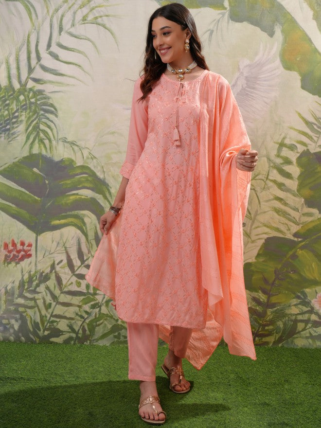 Vishudh Women Peach Embroidered Kurta With Trouser And Dupatta - Peach - Image 1