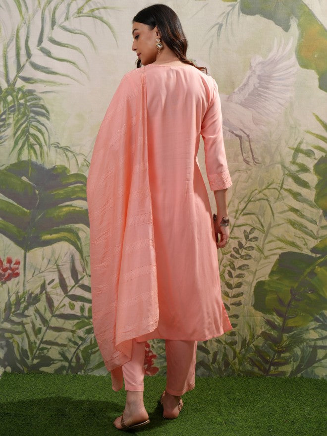 Vishudh Women Peach Embroidered Kurta With Trouser And Dupatta - Peach - Image 3