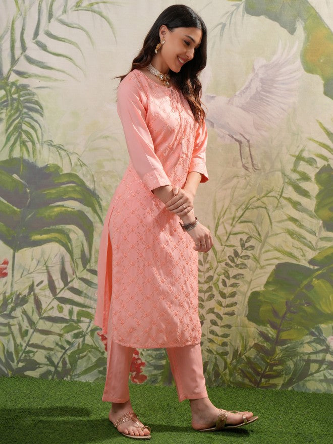 Vishudh Women Peach Embroidered Kurta With Trouser And Dupatta - Peach - Image 4