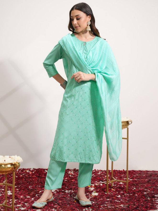 Vishudh Women Green Embroidered Kurta With Trouser And Dupatta - Green - Image 1