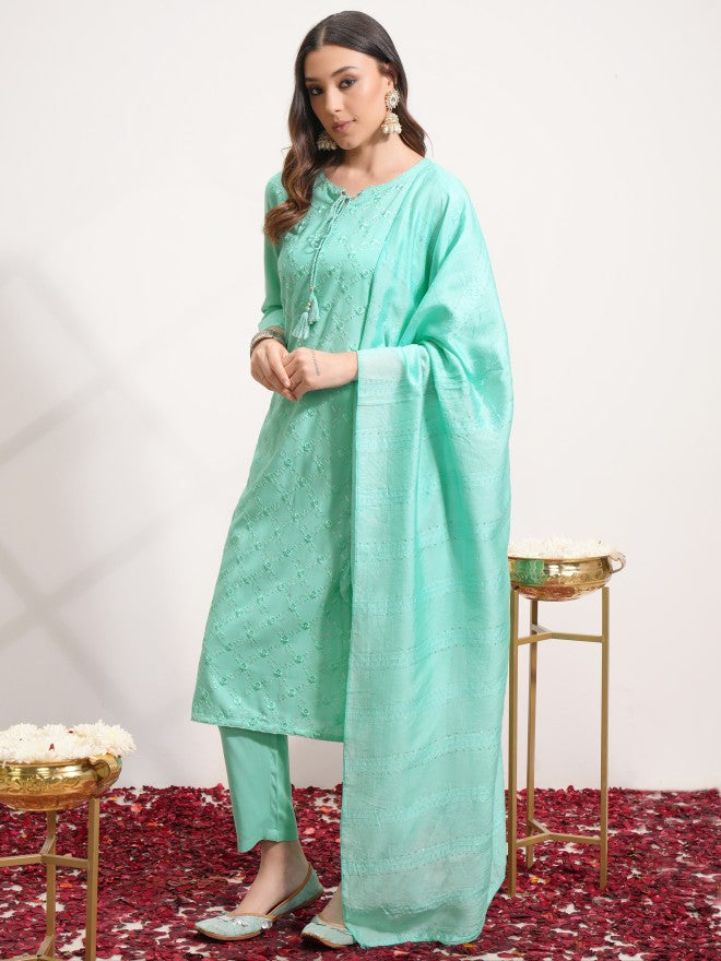Vishudh Women Green Embroidered Kurta With Trouser And Dupatta - Green - Image 2