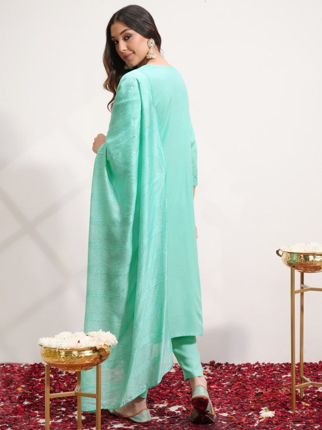Vishudh Women Green Embroidered Kurta With Trouser And Dupatta - Green - Image 3