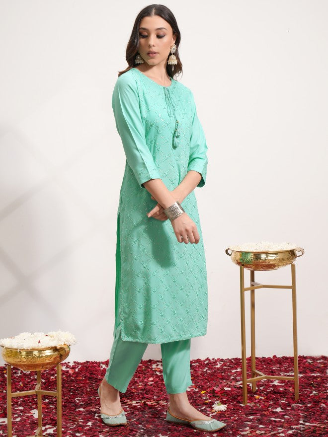 Vishudh Women Green Embroidered Kurta With Trouser And Dupatta - Green - Image 4