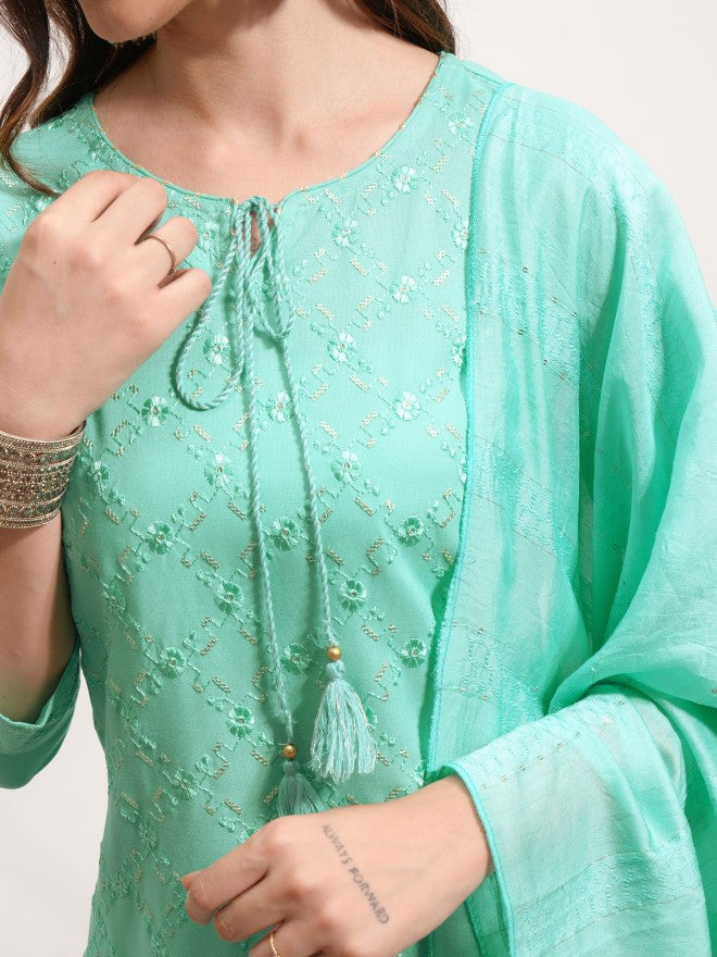 Vishudh Women Green Embroidered Kurta With Trouser And Dupatta - Green - Image 5