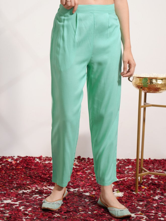 Vishudh Women Green Embroidered Kurta With Trouser And Dupatta - Green - Image 7