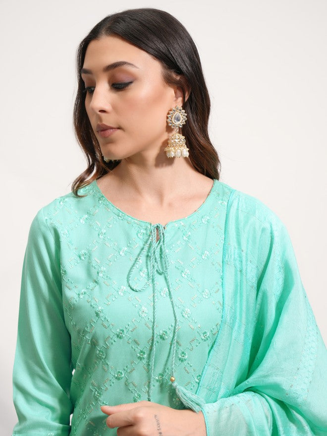 Vishudh Women Green Embroidered Kurta With Trouser And Dupatta - Green - Image 8