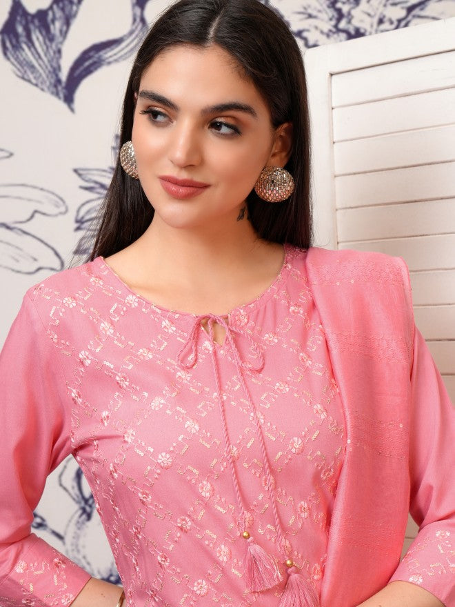 Vishudh Women Pink Embroidered Kurta With Trouser And Dupatta - Pink - Image 2