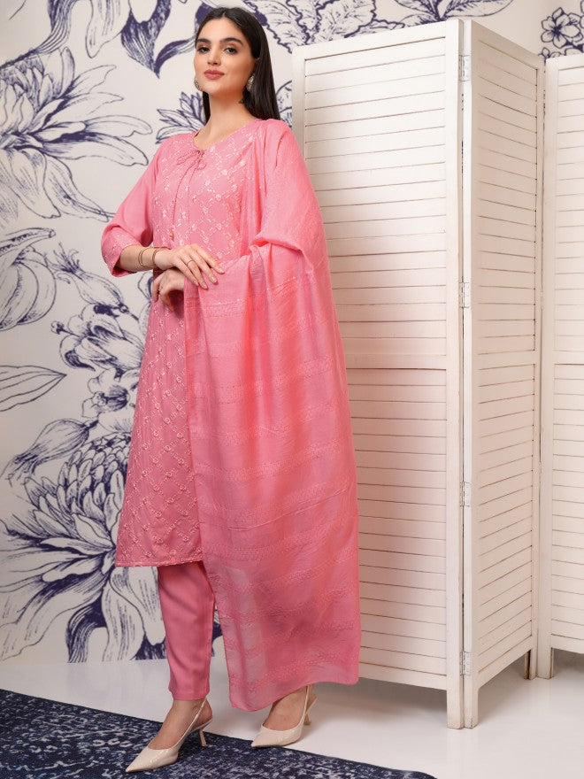 Vishudh Women Pink Embroidered Kurta With Trouser And Dupatta - Pink - Image 4