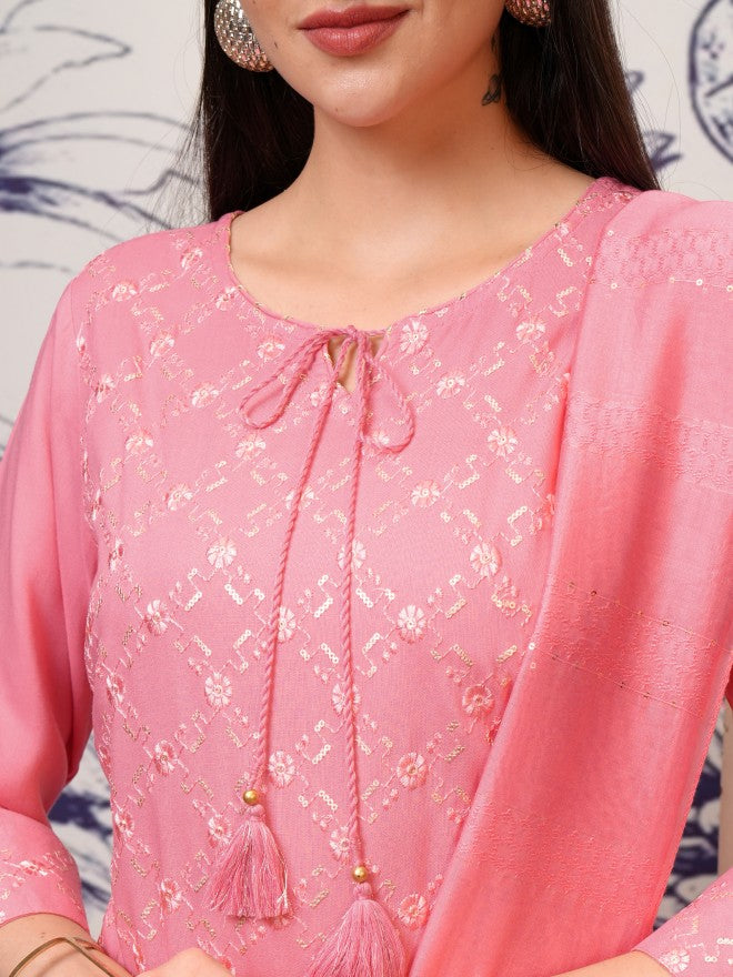 Vishudh Women Pink Embroidered Kurta With Trouser And Dupatta - Pink - Image 5
