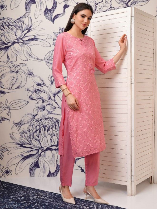 Vishudh Women Pink Embroidered Kurta With Trouser And Dupatta - Pink - Image 6