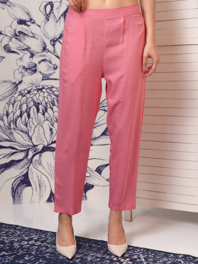 Vishudh Women Pink Embroidered Kurta With Trouser And Dupatta - Pink - Image 8