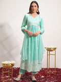 Vishudh Women Blue Embroidered Kurta With Trouser And Dupatta - Blue - Image 1