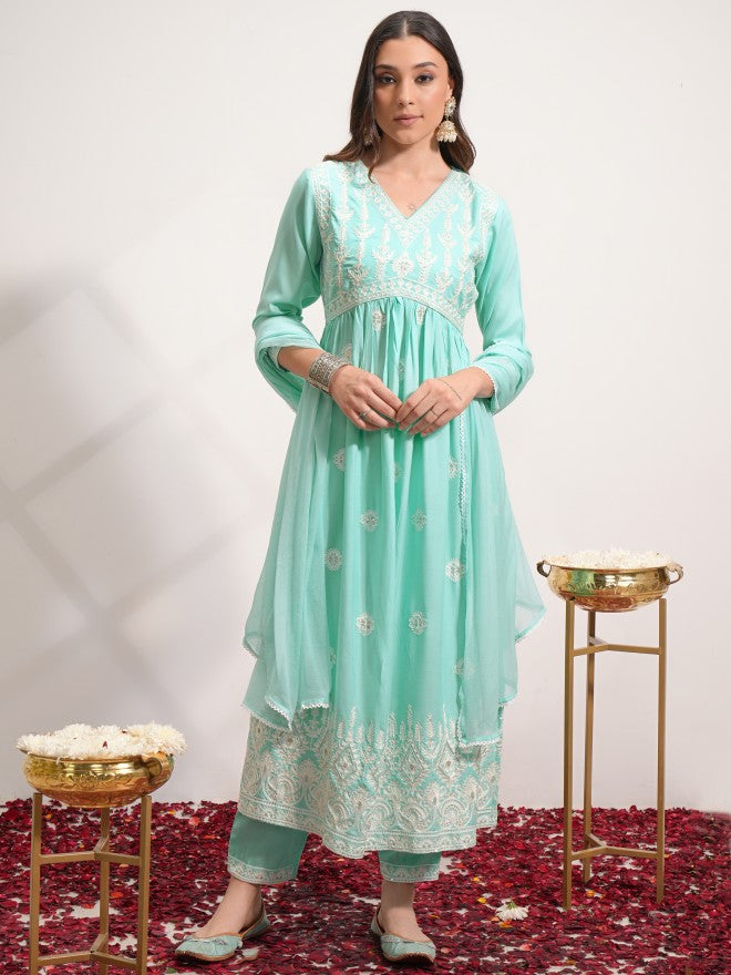 Vishudh Women Blue Embroidered Kurta With Trouser And Dupatta - Blue - Image 1