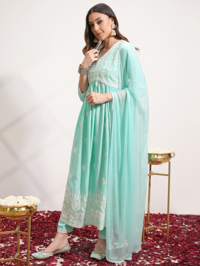 Vishudh Women Blue Embroidered Kurta With Trouser And Dupatta - Blue - Image 2