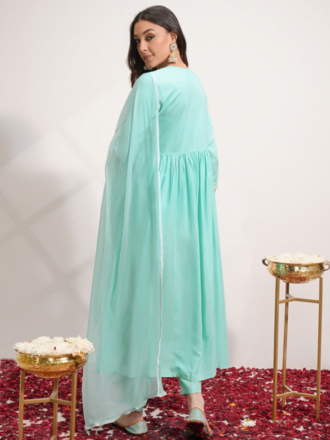 Vishudh Women Blue Embroidered Kurta With Trouser And Dupatta - Blue - Image 3