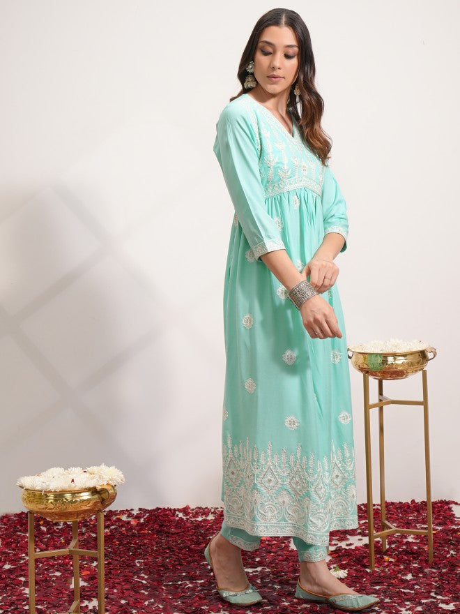 Vishudh Women Blue Embroidered Kurta With Trouser And Dupatta - Blue - Image 4