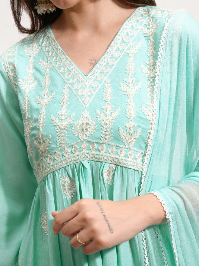 Vishudh Women Blue Embroidered Kurta With Trouser And Dupatta - Blue - Image 5