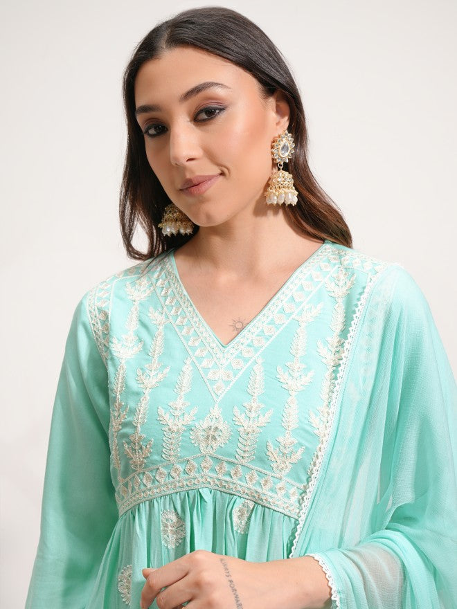 Vishudh Women Blue Embroidered Kurta With Trouser And Dupatta - Blue - Image 8