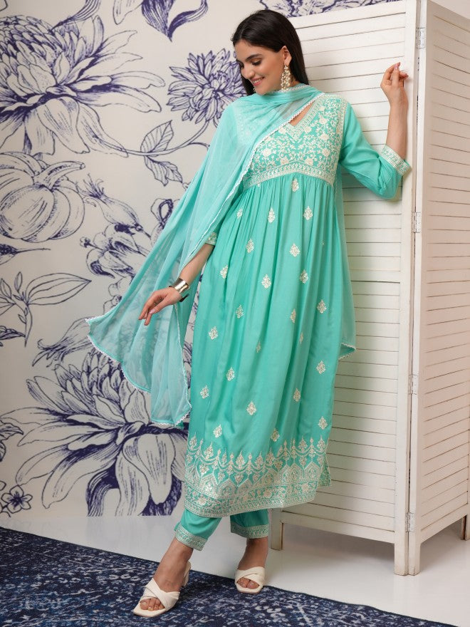 Vishudh Women Blue Embroidered Kurta With Trouser And Dupatta - Blue - Image 1