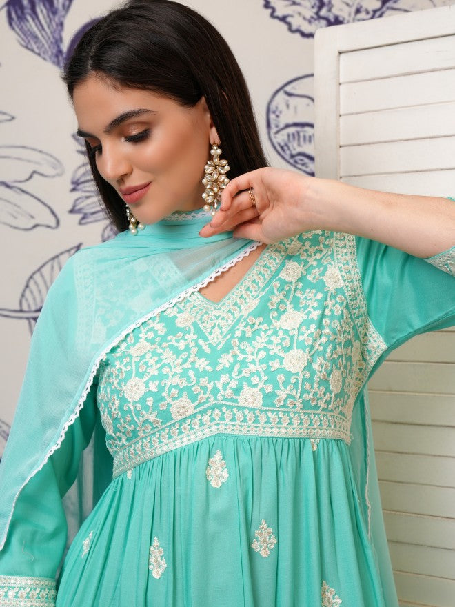 Vishudh Women Blue Embroidered Kurta With Trouser And Dupatta - Blue - Image 2