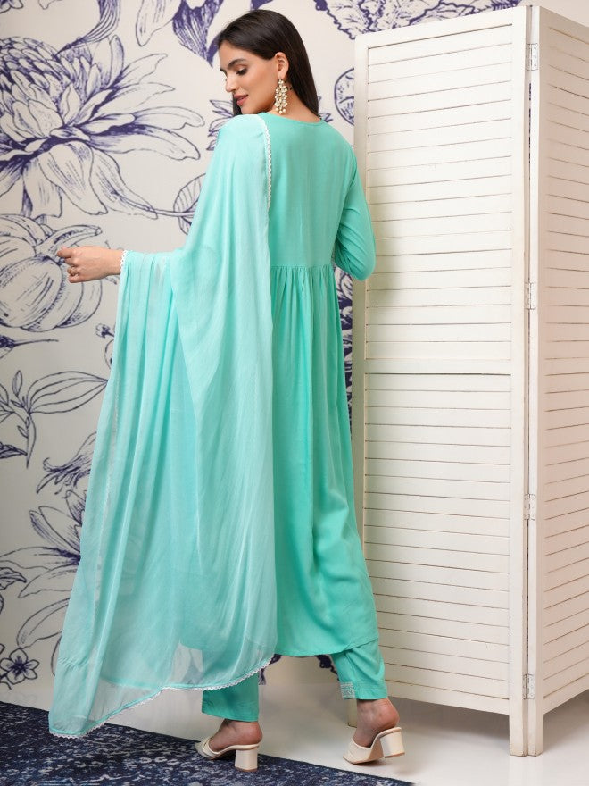 Vishudh Women Blue Embroidered Kurta With Trouser And Dupatta - Blue - Image 3