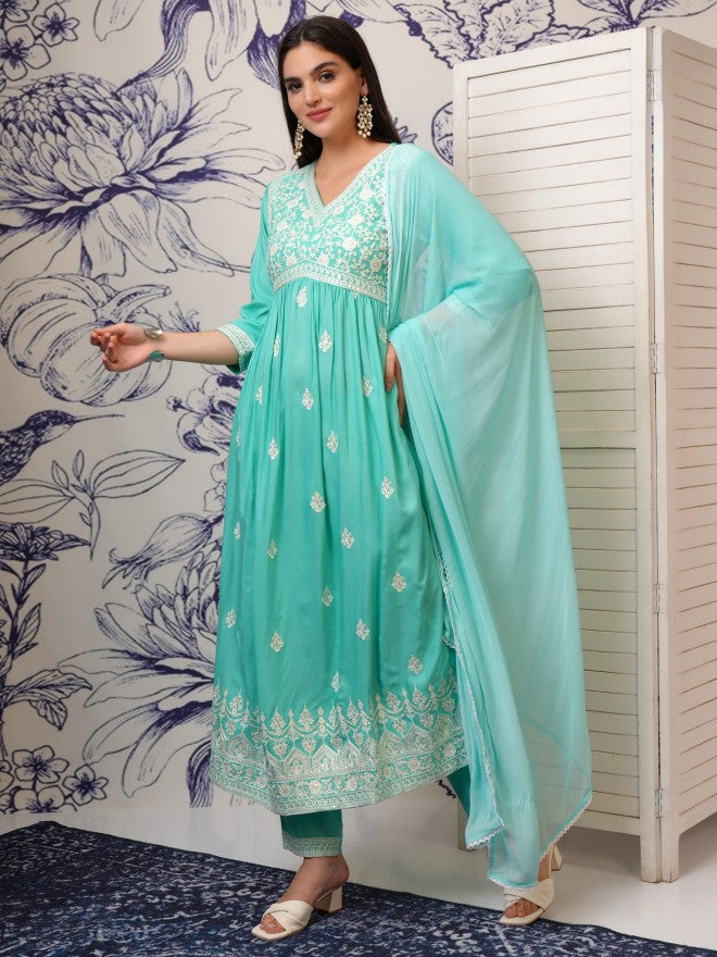 Vishudh Women Blue Embroidered Kurta With Trouser And Dupatta - Blue - Image 4
