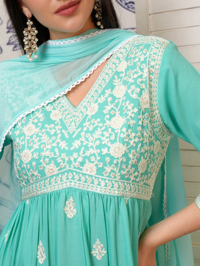 Vishudh Women Blue Embroidered Kurta With Trouser And Dupatta - Blue - Image 5