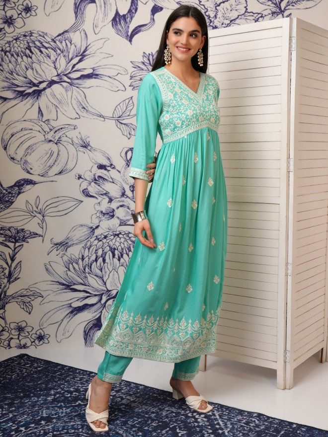 Vishudh Women Blue Embroidered Kurta With Trouser And Dupatta - Blue - Image 6