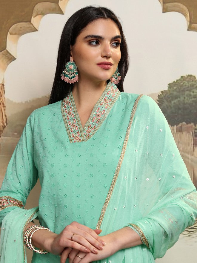 Vishudh Women Blue Embroidered Kurta With Trouser And Dupatta - Blue - Image 1