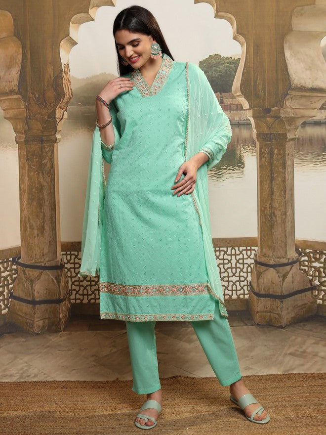 Vishudh Women Blue Embroidered Kurta With Trouser And Dupatta - Blue - Image 2