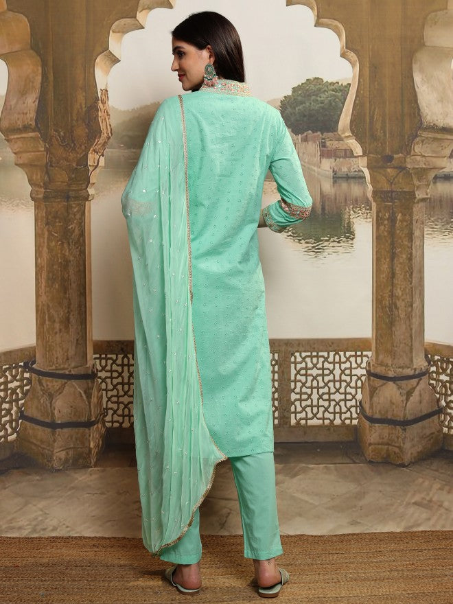 Vishudh Women Blue Embroidered Kurta With Trouser And Dupatta - Blue - Image 3