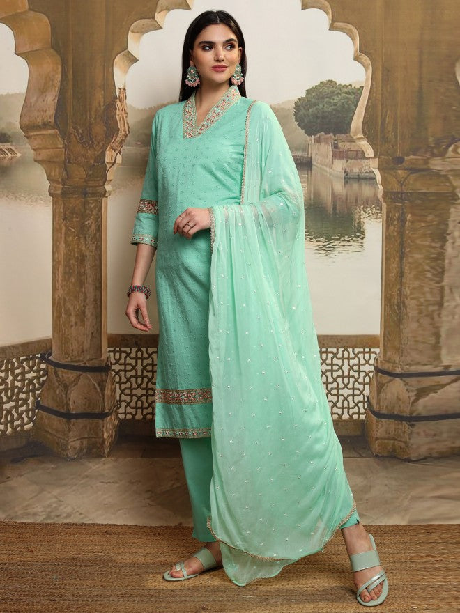 Vishudh Women Blue Embroidered Kurta With Trouser And Dupatta - Blue - Image 4