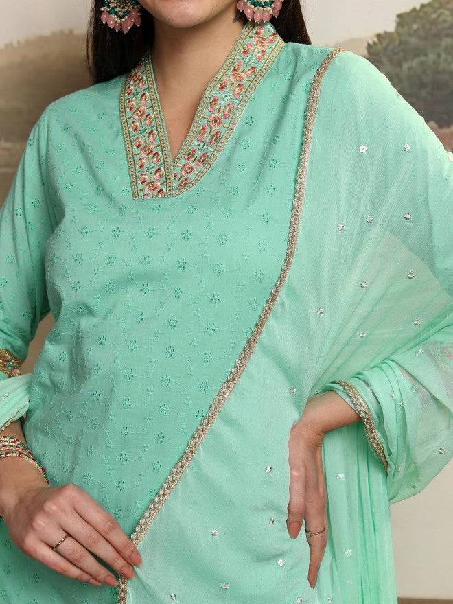 Vishudh Women Blue Embroidered Kurta With Trouser And Dupatta - Blue - Image 5