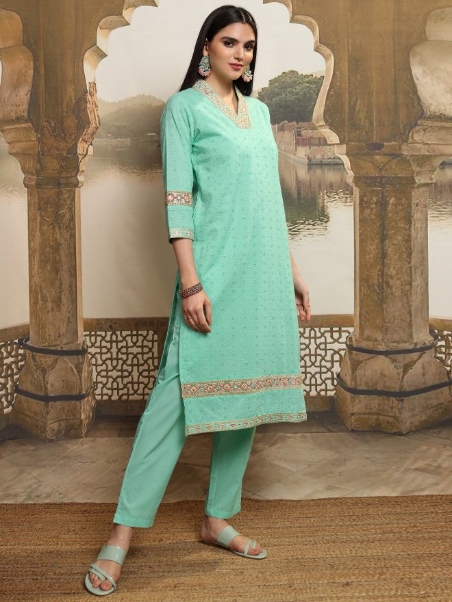 Vishudh Women Blue Embroidered Kurta With Trouser And Dupatta - Blue - Image 6
