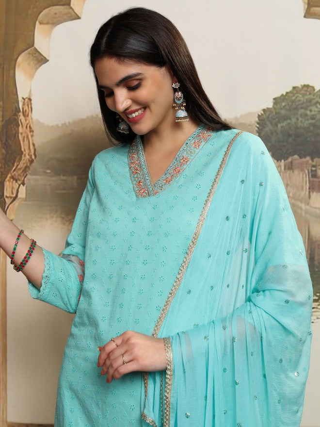 Vishudh Women Blue Embroidered Kurta With Trouser And Dupatta - Blue - Image 1