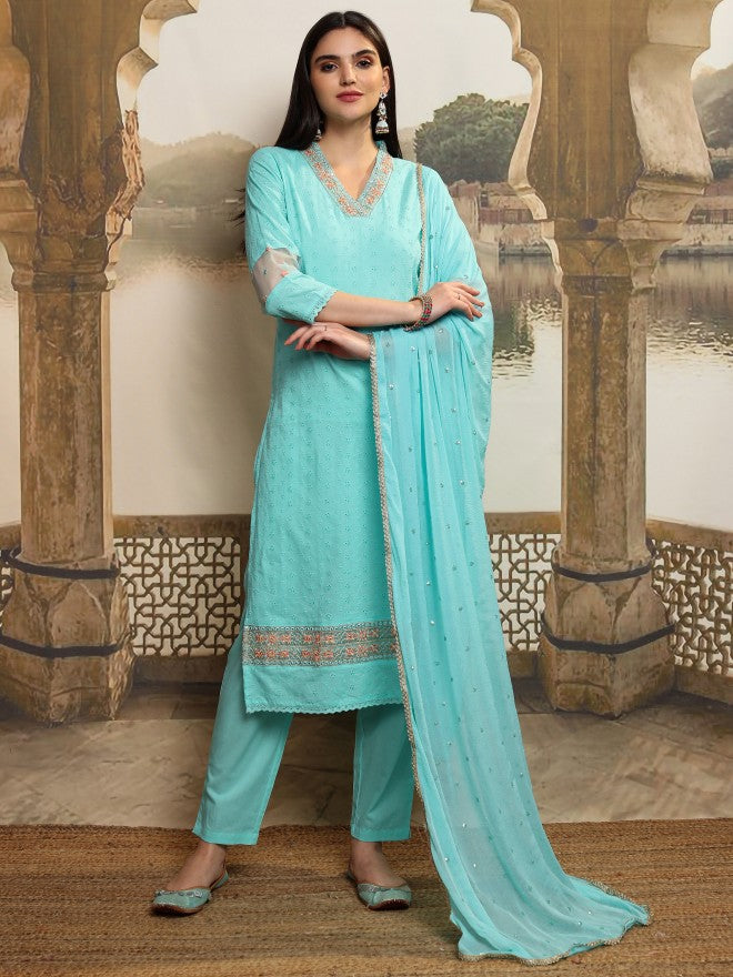 Vishudh Women Blue Embroidered Kurta With Trouser And Dupatta - Blue - Image 2