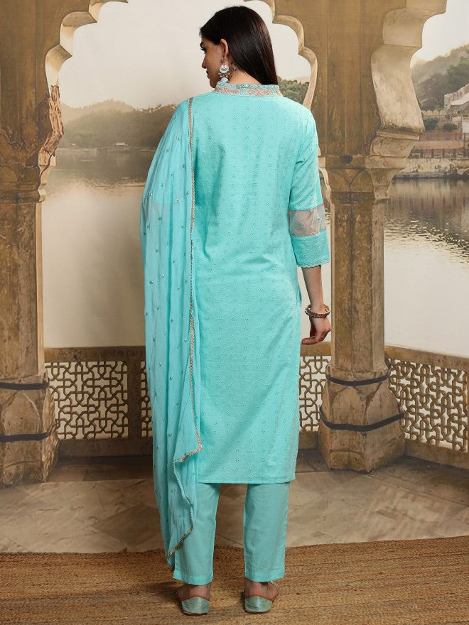 Vishudh Women Blue Embroidered Kurta With Trouser And Dupatta - Blue - Image 3