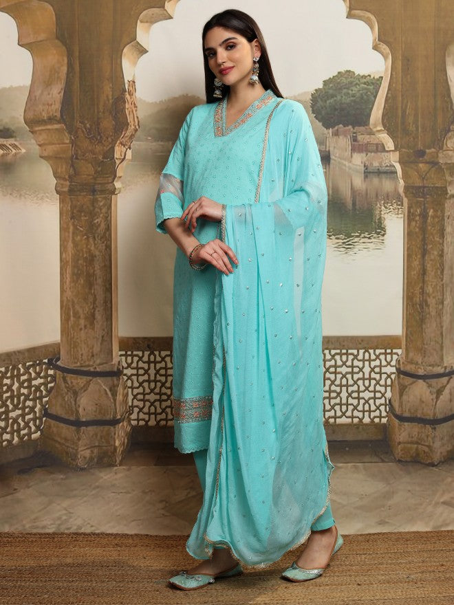 Vishudh Women Blue Embroidered Kurta With Trouser And Dupatta - Blue - Image 4