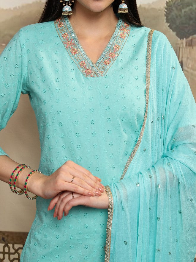 Vishudh Women Blue Embroidered Kurta With Trouser And Dupatta - Blue - Image 5
