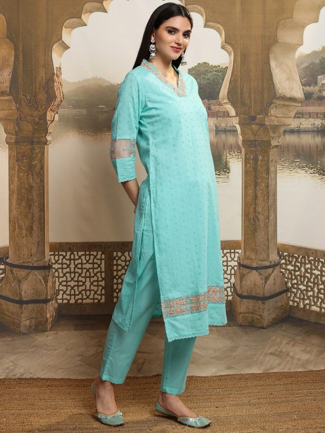Vishudh Women Blue Embroidered Kurta With Trouser And Dupatta - Blue - Image 6