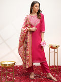 Vishudh Women Pink Embroidered Kurta With Trouser And Dupatta - Pink - Image 1